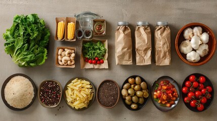 travel food package on a beige canvas backdrop, showcasing key ingredients, even and soft lighting, professional and inviting