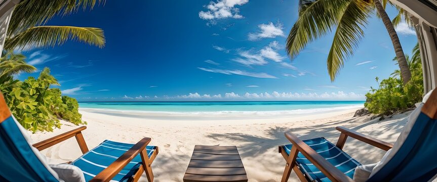 Tropical beach with empty chairs under palm trees against a bright blue sky. Summer vacation holidays background. Generative AI
