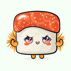 Cute funny Sushi strong. Vector hand drawn cartoon kawaii character illustration icon. Isolated on light green background. Sushi shows muscles character concept