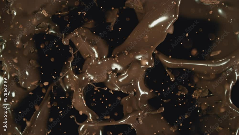 Poster Super Slow Motion of Falling Group of Chocolate Chunks. Moving Down and Splashing into Melted Chocolate. Filmed on High Speed Cinema Camera, 1000fps.