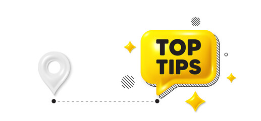 Road journey position 3d pin. Top tips tag. Education faq sign. Best help assistance. Top tips message. Chat speech bubble, place banner. Yellow text box. Vector