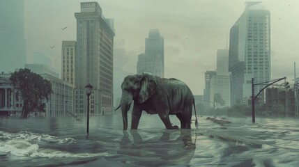 An elephant walking through a flooded city, highly realistic, urban flood, majestic animal, cityscape and water, surreal scene