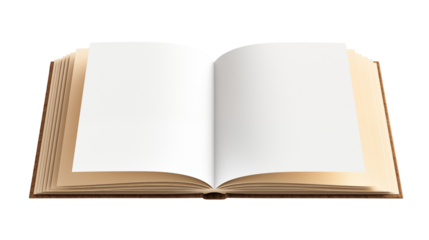 Open book with blank pages, isolated on transparent background.