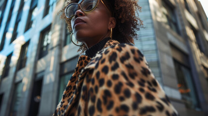 A strong African American woman wearing a leopard print coat, looking determined and self-assured