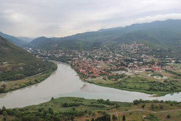 View From Jvari Monastery. River Mtkvari Meets the River Aragvi from Khazbegi