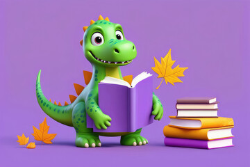 Naklejka premium Cute dinosaur reads a book on lilac background.