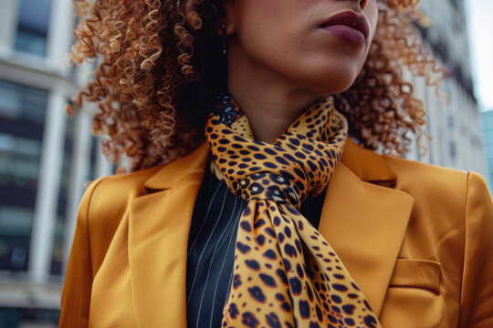 A powerful and independent African American woman wearing a stylish leopard print scarf, exuding confidence and strength