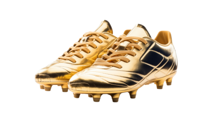 Pair of golden football boots transparent background.
