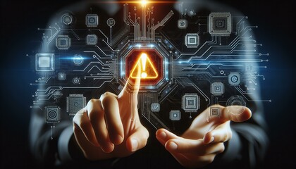Obraz premium A futuristic digital interface showing a hand interacting with circuit board technology, highlighting security and innovation in the tech world, featuring AI and microchip elements