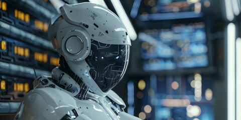 Fototapeta premium A hightech humanoid robot is seen in a futuristic server room with advanced technology and digital innovations