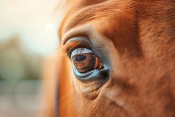 Detailed close-up image capturing the intense gaze and refined details of a horse's eye in natural light, reflecting its awareness and connection with the environment.