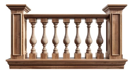 Isolated white background wooden balcony railing with columns