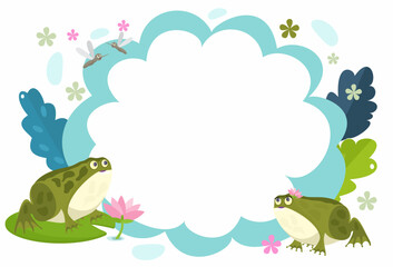 turquoise round frame with toads, mosquitoes, lotus flower, with white background, vector illustration