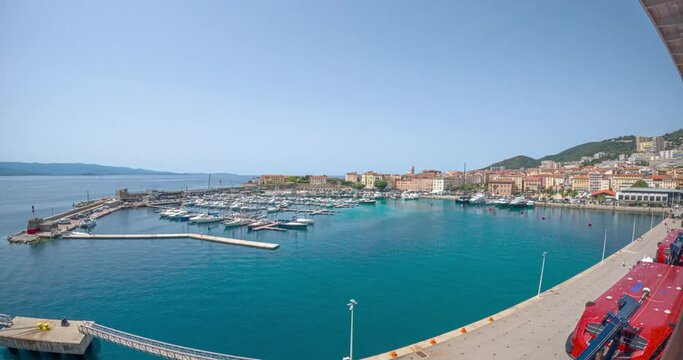 Aerial time lapse video over the harbor of the small French town of Ajaccio on the island of Corsica