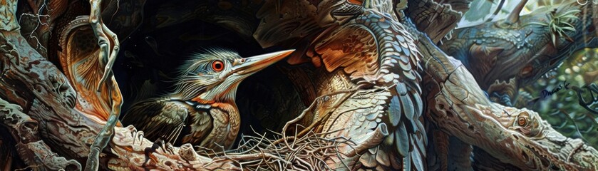 Bird constructing a nest in the mouth of a dragon cave, highly realistic, nature meets fantasy, intricate and mythical