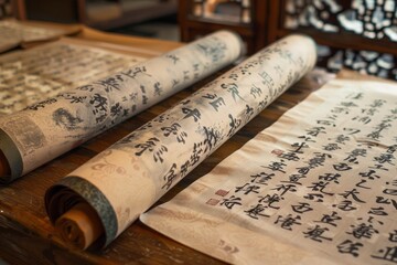 Two rolls of paper with calligraphy well wishes for the new year placed on a wooden table, Calligraphy scrolls of well wishes for the new year