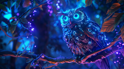 A cybernetic owl perched on a digital tree branch, with glowing eyes and feather patterns integrated with circuitry, against a backdrop of a futuristic forest with neon-lit foliage
