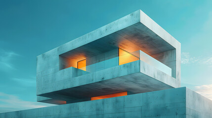 Modern minimalist concrete building with large windows and clean lines against a clear blue sky at dusk with warm interior lighting.