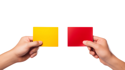 referee hand holding yellow and red cards transparent background.