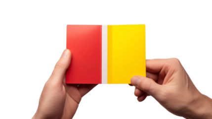 referee hand holding yellow and red cards transparent background.