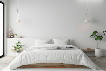  Modern bedroom interior have Bed and lamp with white wall background. 3d rendering