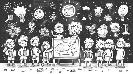 The image shows a group of children in a classroom