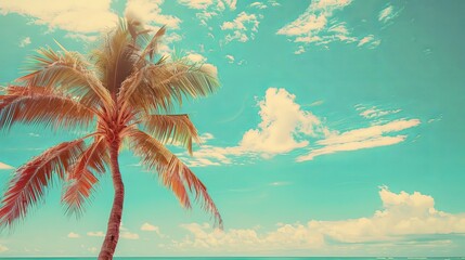 Palm tree on tropical beach with punk sky and clouds abstract background. Copy space of summer vacation and business travel concept. Vintage tone filter effect color style 