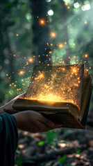 An aged, weathered book is being held open by a pair of hands, glowing with bright, golden sparkles emanating from its pages. The book seems to emit a soft, magical light, casting an enchanting glow i