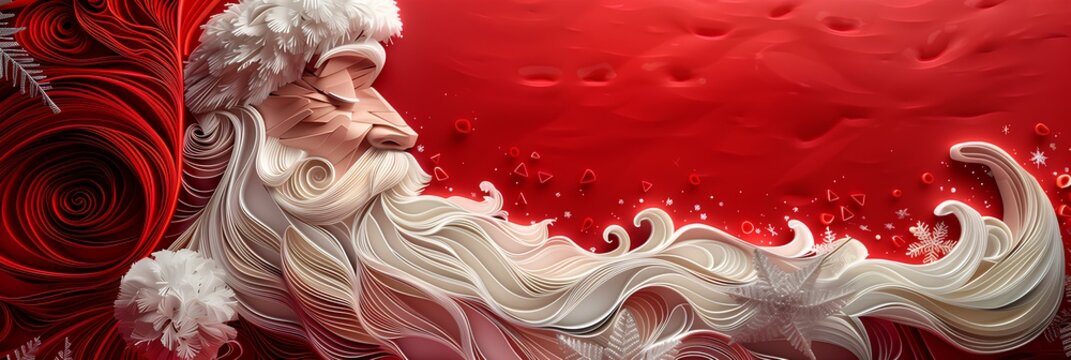 Santa Claus profile with a ling white beard on red background. Religious holiday and kirigami art concept. For Merry Christmas celebration. Paper cut illustration with copy space