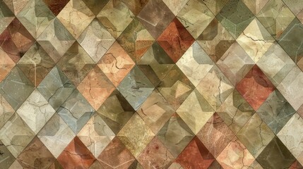 An abstract background with a mosaic of geometric patterns in subdued earthy colors, highlighting hexagons, diamonds, and triangles in shades of soft brown, moss green, and clay red 