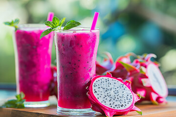 Dragon fruit milk shake with dragon fruit with mint leaf