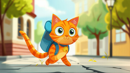 Obraz premium Cheerful orange cartoon cat with a backpack walking in a sunny city street