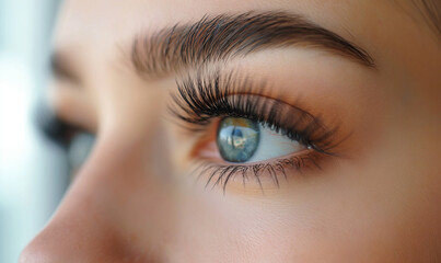 Fototapeta premium Eyelash extensions. Beautiful female eye close-up. Long luxurious eyelashes. Beauty concept. False eyelashes. Makeup, Cosmetics, Beauty. Macro. Place for text. Copy space