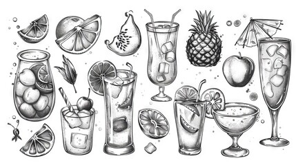 The image shows different cocktails and garnishes.