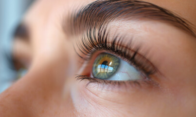 Obraz premium Eyelash extensions. Beautiful female eye close-up. Long luxurious eyelashes. Beauty concept. False eyelashes. Makeup, Cosmetics, Beauty. Macro. Place for text. Copy space