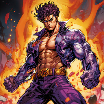 A powerful, muscular man standing amidst a fiery backdrop, exuding strength and determination. Dressed in a torn purple jacket and matching pants, his intense expression and dynamic pose convey unstop