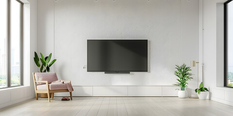 TV on the cabinet in modern living room with plant on white wall background,3d rendering