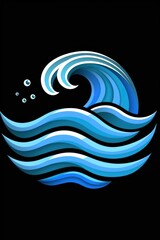  Simple logo design featuring a blue wave with foam, black background, gray for the wave texture and white, minimalist