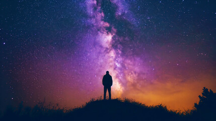 Fototapeta premium Silhouette of a person standing under a starry night sky filled with the Milky Way galaxy.