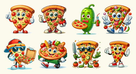 A collection of funny cartoon pizza vector illustrations is the shirt design