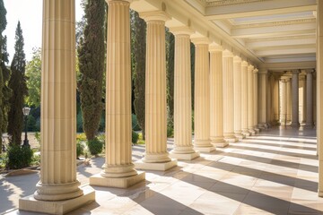 Fototapeta premium Doric columns standing in a row, framed by trees in the background of a building, Capture the elegance of Doric columns in a modern interpretation
