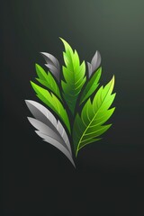  Simple logo design featuring a green leaf with veins, black background, gray for the leaf texture and white, minimalist
