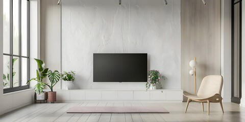 TV on the cabinet in modern living room with plant on white wall background,3d rendering