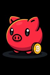 Obraz premium Simple logo design featuring a pink piggy bank with a coin, black background, gray for the piggy bank texture and yellow, minimalist