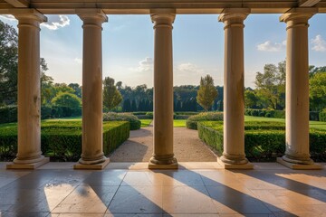 Fototapeta premium View of a garden below, seen from a grand building with Doric columns, Capture the elegance of Doric columns in a modern interpretation