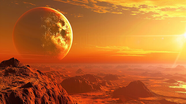 The image depicts a breathtaking, surreal alien landscape with a reddish-orange color palette. A large planet or moon with a cratered surface dominates the sky, appearing very close and giving an impr