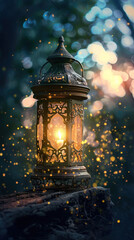 A beautifully ornate metal lantern, intricately designed with elaborate patterns and aged to show a rustic look, holds a flickering candle inside. The lantern sits on a rough, weathered piece of wood.
