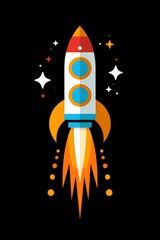  Simple logo design featuring a red rocket with a flame, black background, gray for the rocket texture and white, minimalist