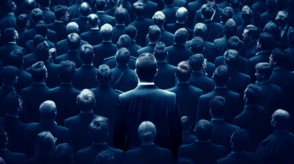 Obraz premium High-angle view of a crowd of men in suits from behind, focusing on one man facing opposite.