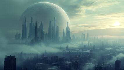 Fototapeta premium A futuristic foggy cityscape on a distant planet